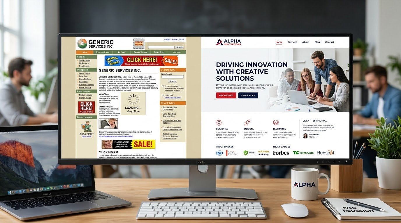 Comparison between outdated and professional website design.